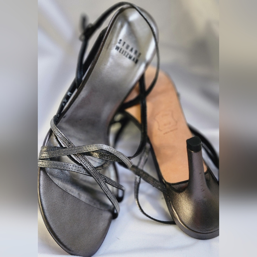 Stuart Weitzman Metallic Silver Strappy Heeled Sandals